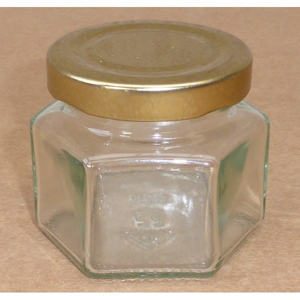 Pot hexagonal en verre de 15 ml avec couvercle en aluminium doré (et joint  intérieur sur le couvercle)